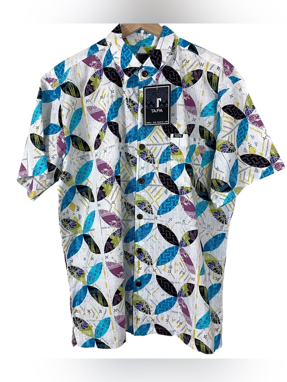 TAPA Mens Bula Shirt Size Large White Tropical Tribal Age Pacific Art Print